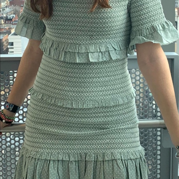 LoveShackFancy Seaglass Green Aveline Smocked Tiered Ruffle Mini Cocktail Dress - Picture 2 of 4